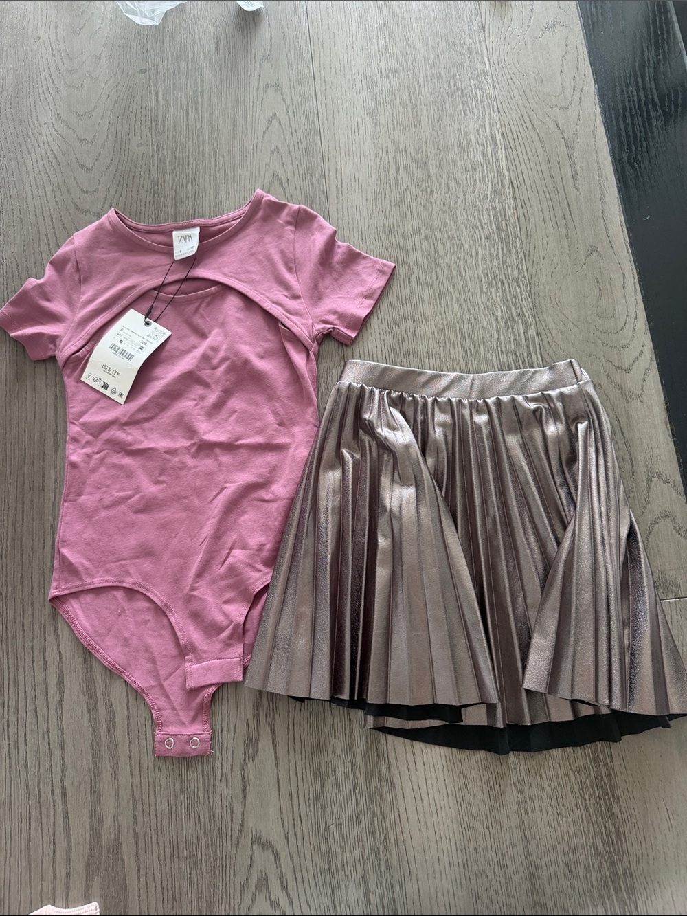Zara Girls Pink Bodysuit and Metallic Pleated Skirt Set